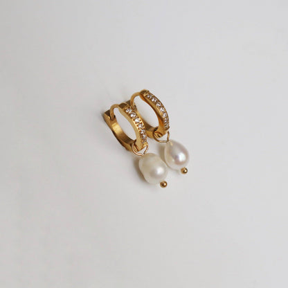 Gold CZ Huggies | Small Hoop Earrings with an Elegant Pearl Drop - Front View